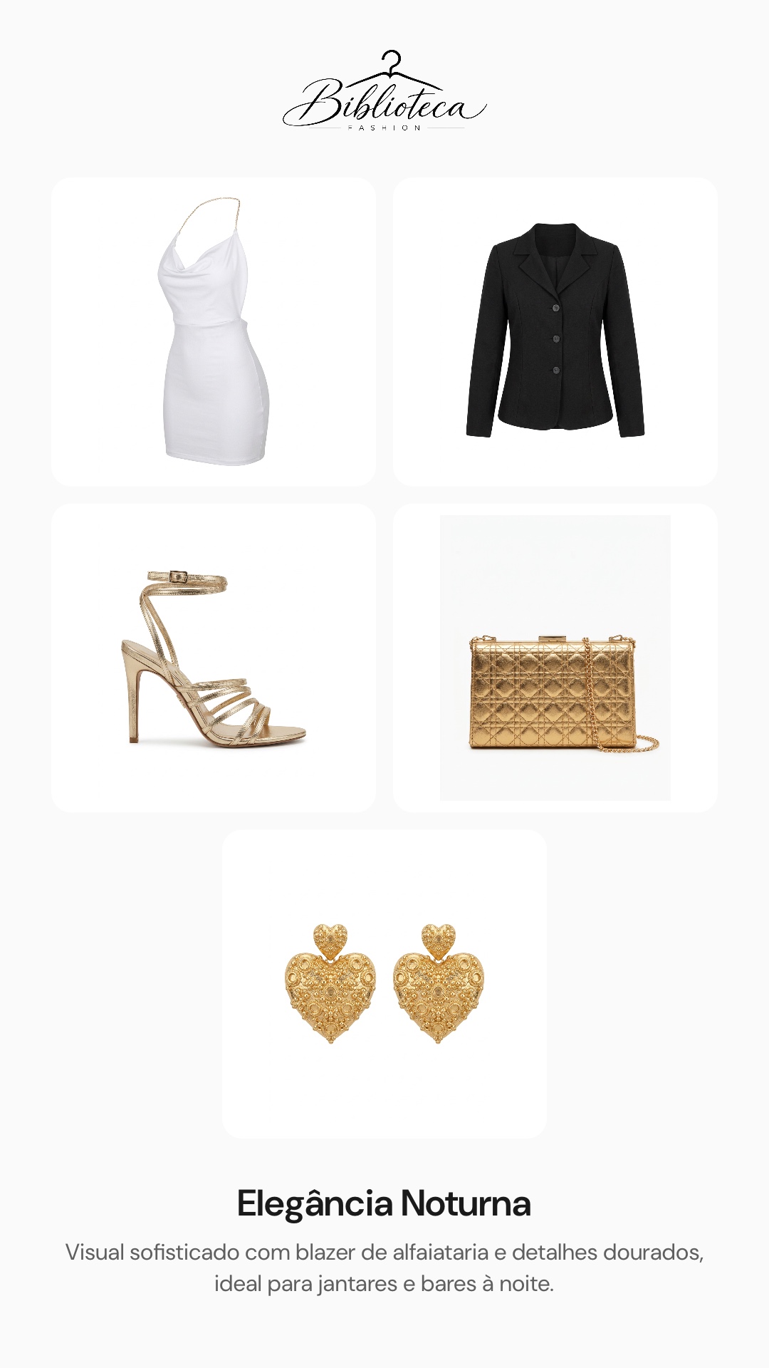 Vestido branco, blazer preto, sandália dourada, bolsa e brincos dourados
