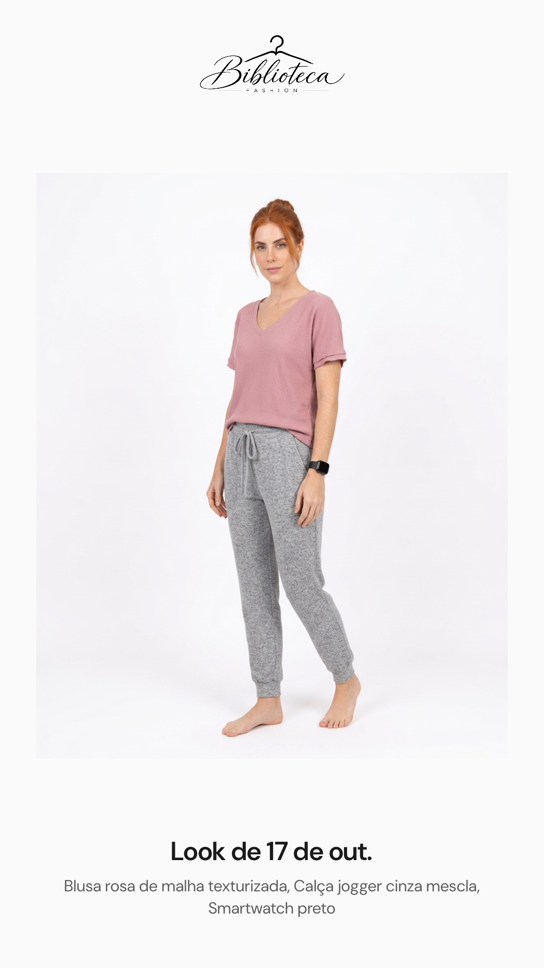 Avatar de corpo inteiro com blusa rosa, calça jogger e smartwatch